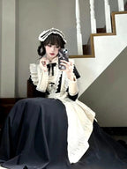 Gothic Lolita Black White Maid Outfit Style Long Dress Goth Prom Dress