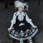 Gothic Lolita Black White Mushroom Print Ensemble Skirt