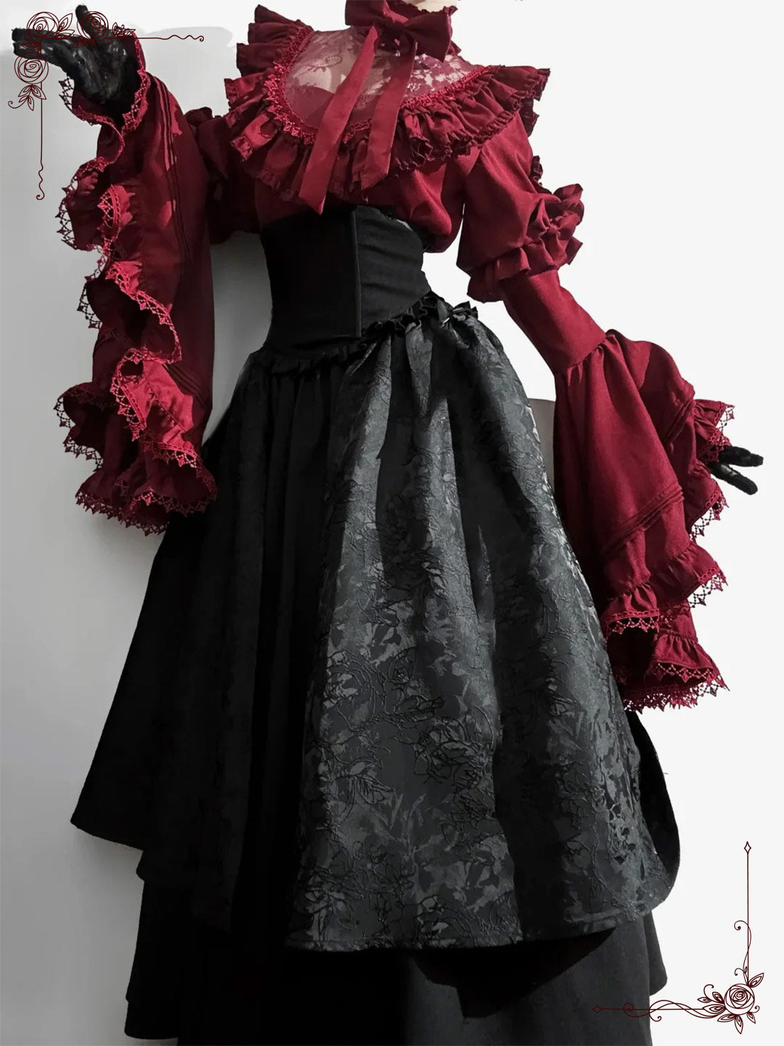 Gothic Lolita Christmas Clothing Black and Red Goth Long Dress Shirt Sleeve Skirt OP