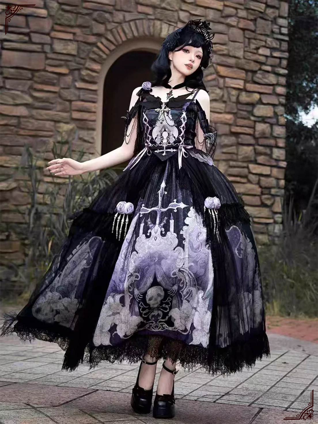 Gothic Lolita Dark Skeleton Ghost Dress Elegant Top and Skirt Set