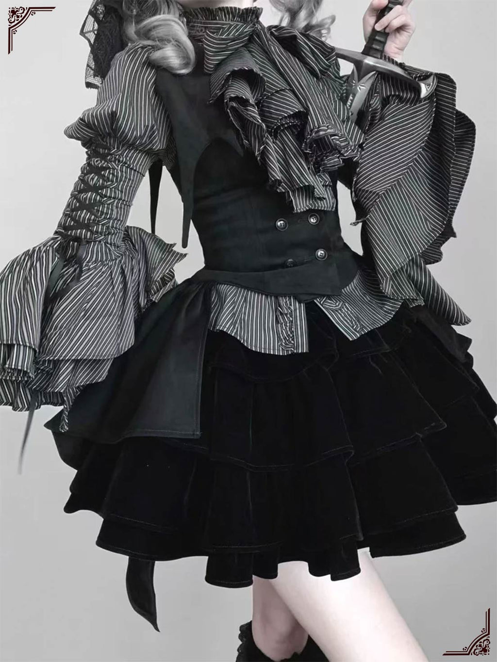 Gothic Lolita Dress Black Set Stripe Ruffled Top with Short Skirt