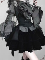 Gothic Lolita Dress Black Set Stripe Ruffled Top with Short Skirt