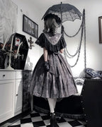 Gothic Lolita Black White Printing Cape Which Costume Rococo Vintage Long Jumper Skirt