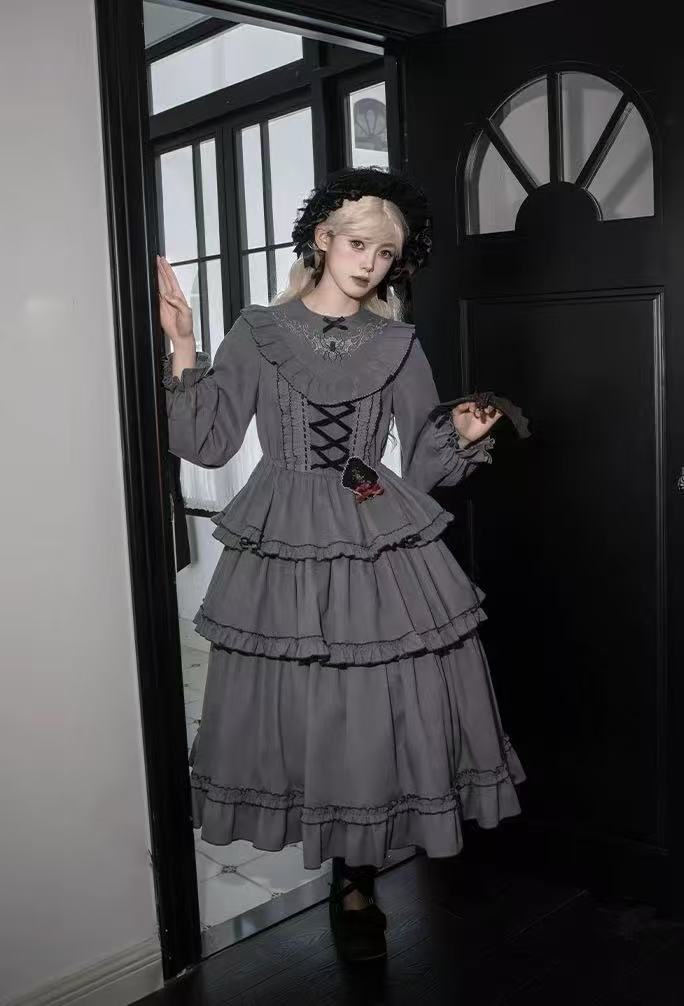 Design Concept:

This Gothic Lolita gray dress features a three-tier flared design with delicate embroidery, combining dramatic elegance with a refined gothic aesthetic. The soft gray tone adds a mysterious and sophisticated touch, perfect for creating a unique Lolita look. Product Details: The product includes one dress, designed to offer a striking and graceful outfit suitable for special occasions or themed fashion.