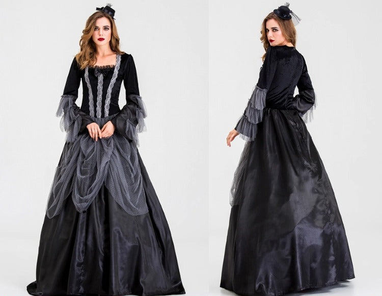 Design Concept:
This Gothic Lolita nun-style dress blends classic black fabric with intricate gray lace accents for a refined Victorian aesthetic. Featuring a high collar, long flowing skirt, and modest silhouette, the dress captures elegant church-inspired charm while incorporating subtle gothic details. The set includes a matching hat to complete the look, making it perfect for Halloween, themed parties, cosplay events, or sophisticated dress-up occasions. The design balances grace and dark romantic style