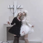 Gothic Lolita Nun Style OP Black White Halloween Layered Two-piece Spring Outfit