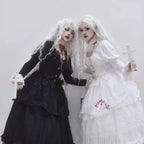 Gothic Lolita Nun Style OP Black White Halloween Layered Two-piece Spring Outfit
