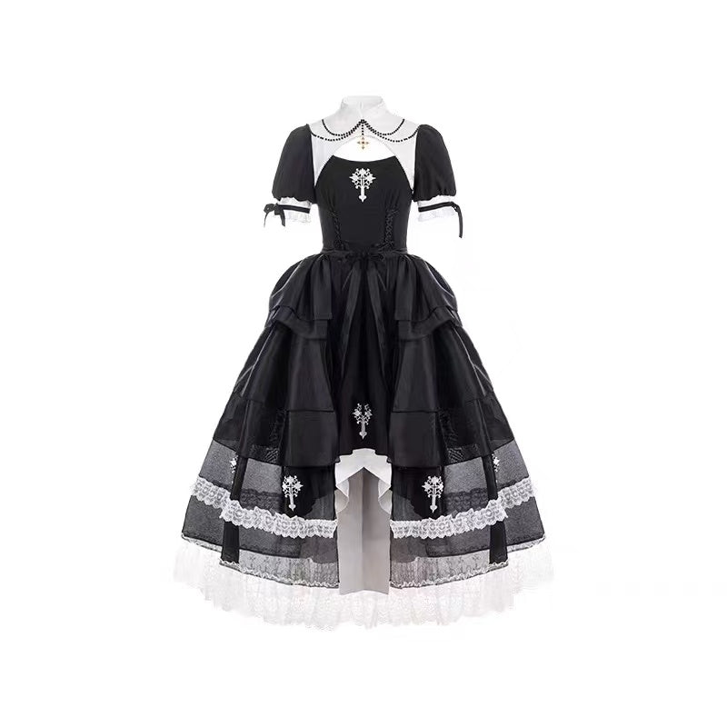 Gothic Lolita Two-piece OP Dress Black White Cross Mermaid Hem Spring Outfit