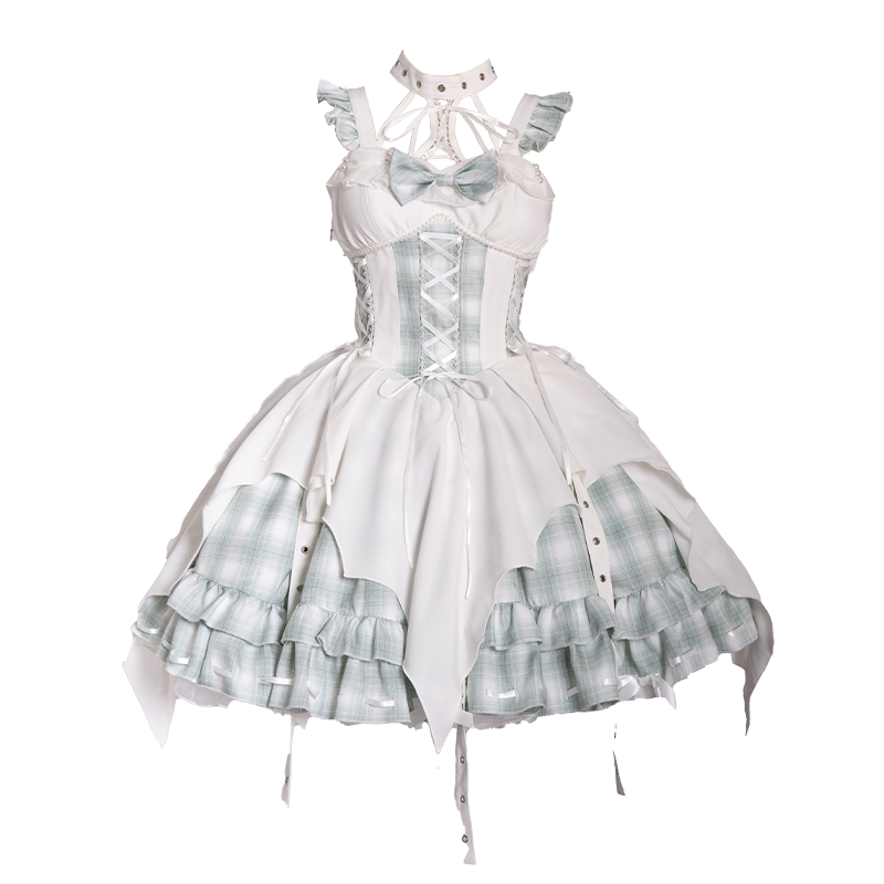 Punk Lolita White Green Plaid Accent Dress