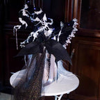 Design Concept:

This Gothic Lolita witch hat merges dark elegance with mystical charm. Available in black and white, the hat is handcrafted with intricate details, featuring a six-pointed star motif and a subtle skeleton-inspired structure for a dramatic effect. There are two distinct styles: one is a classic witch hat, and the other includes bat wings and an attached veil for an extra theatrical Gothic flair. Ideal for Halloween, cosplay, themed photoshoots, or adding a whimsical Gothic touch to Lolita fa