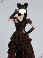 Prom Gothic Lolita Black and Red Jacquard Rose Pattern Bow Fluffy Princess Drress