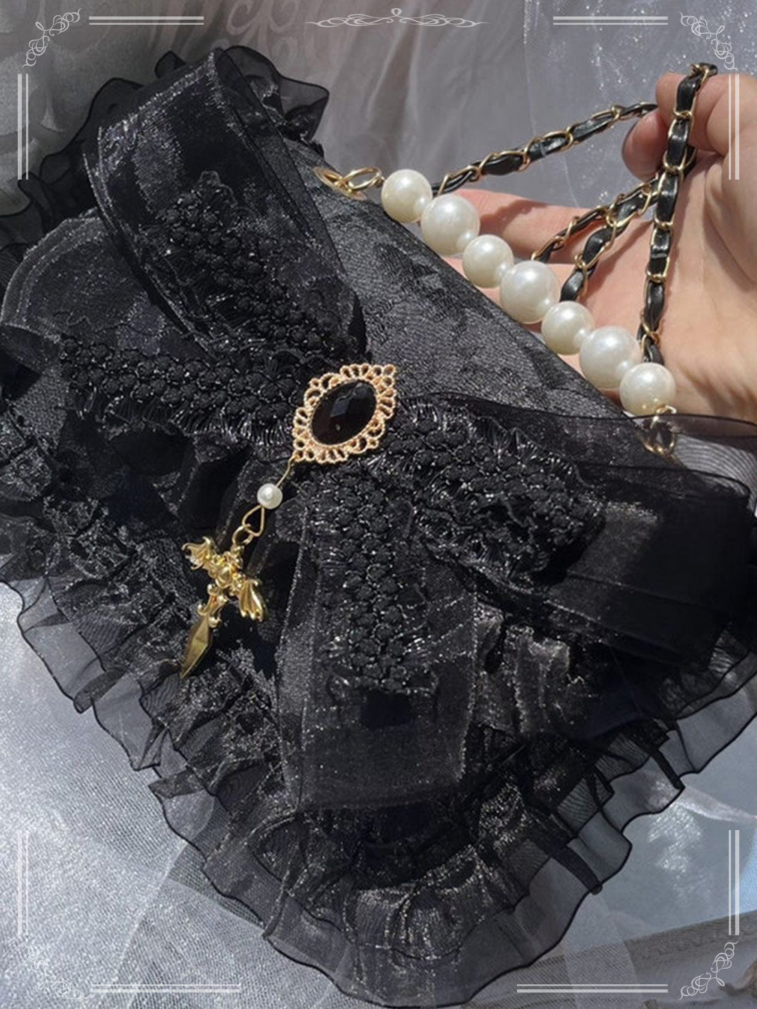Handmade Gothic Dark Black Lolita Bag Elegant Lace One Shoulder Handheld Crossbody Lolita Bag