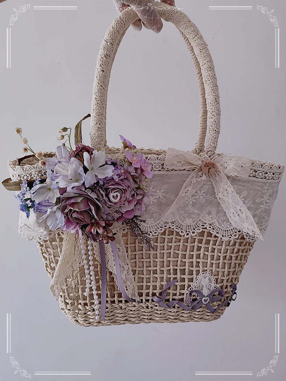 Handmade Hollow Lace Vintage Rose Flowers Straw Bag Summer Handbag Lolita Pastoral