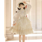 Hime Lolita Apricot Daily Cute Lolita Bubble Sleeve Lace Sweet Skirt Lace Layer Lotus Leaf Edge Lolita Flower Wedding OP Lolita Dresses
