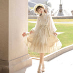 Hime Lolita Apricot Daily Cute Lolita Bubble Sleeve Lace Sweet Skirt Lace Layer Lotus Leaf Edge Lolita Flower Wedding OP Lolita Dresses