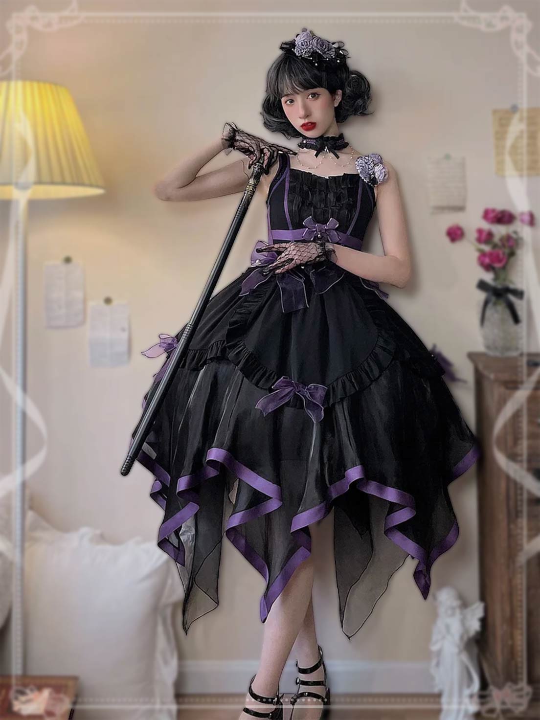 Hime Lolita Black Prom Lace Dress Elegant JSK with Bow for Party