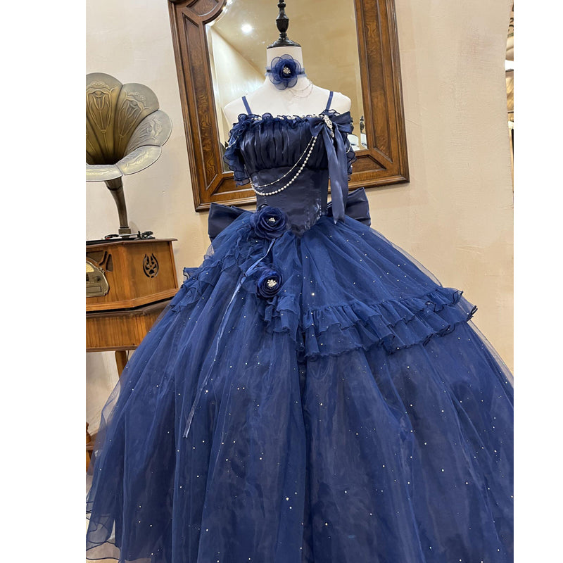 Hime Lolita Blue Gradient Ball Gown with Layers Ruffle Bowknot Asymmetric Princess Lolita Dress