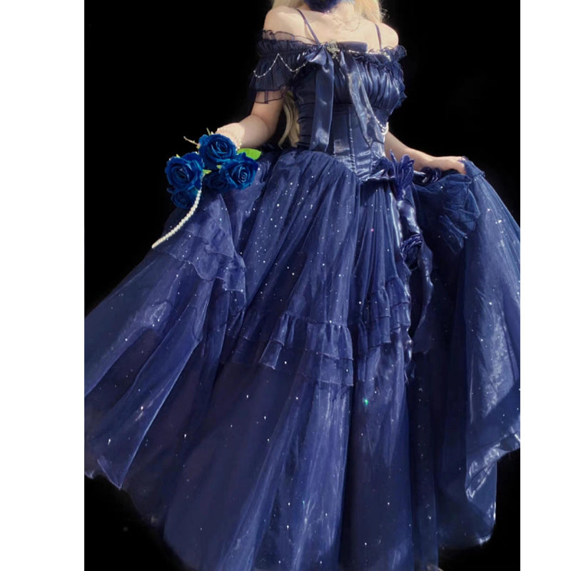 Hime Lolita Blue Gradient Ball Gown with Layers Ruffle Bowknot Asymmetric Princess Lolita Dress