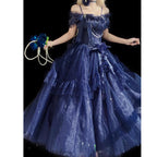 Hime Lolita Blue Gradient Ball Gown with Layers Ruffle Bowknot Asymmetric Princess Lolita Dress