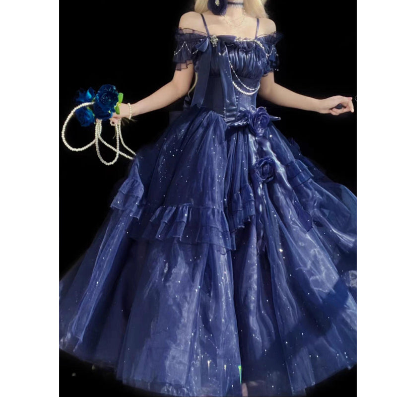 Hime Lolita Blue Gradient Ball Gown with Layers Ruffle Bowknot Asymmetric Princess Lolita Dress