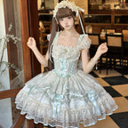 Hime Lolita Cake Dress Grass Green Lace Layer Bow Accented Lolita Dress 