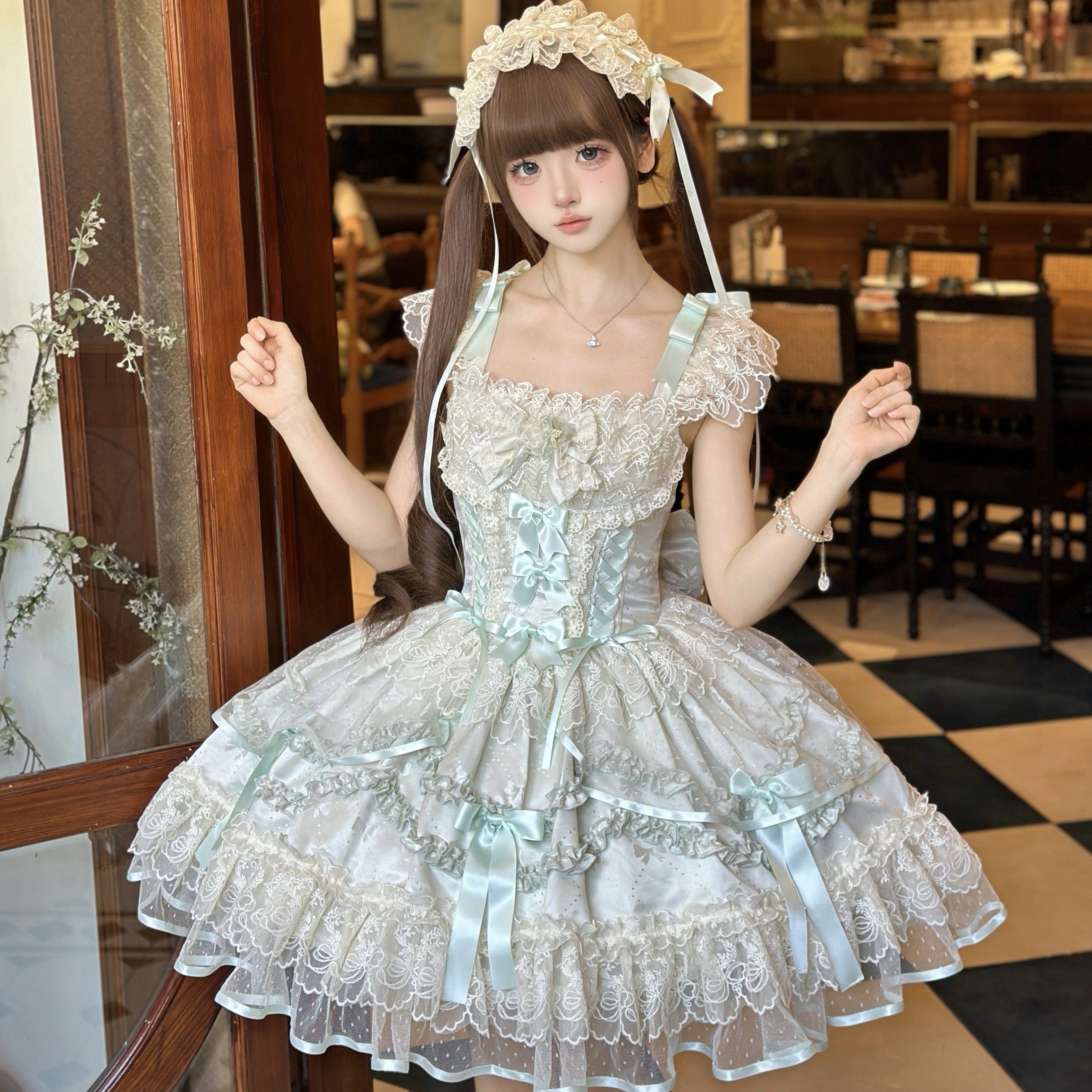 Hime Lolita Cake Dress Grass Green Lace Layer Bow Accented Lolita Dress 