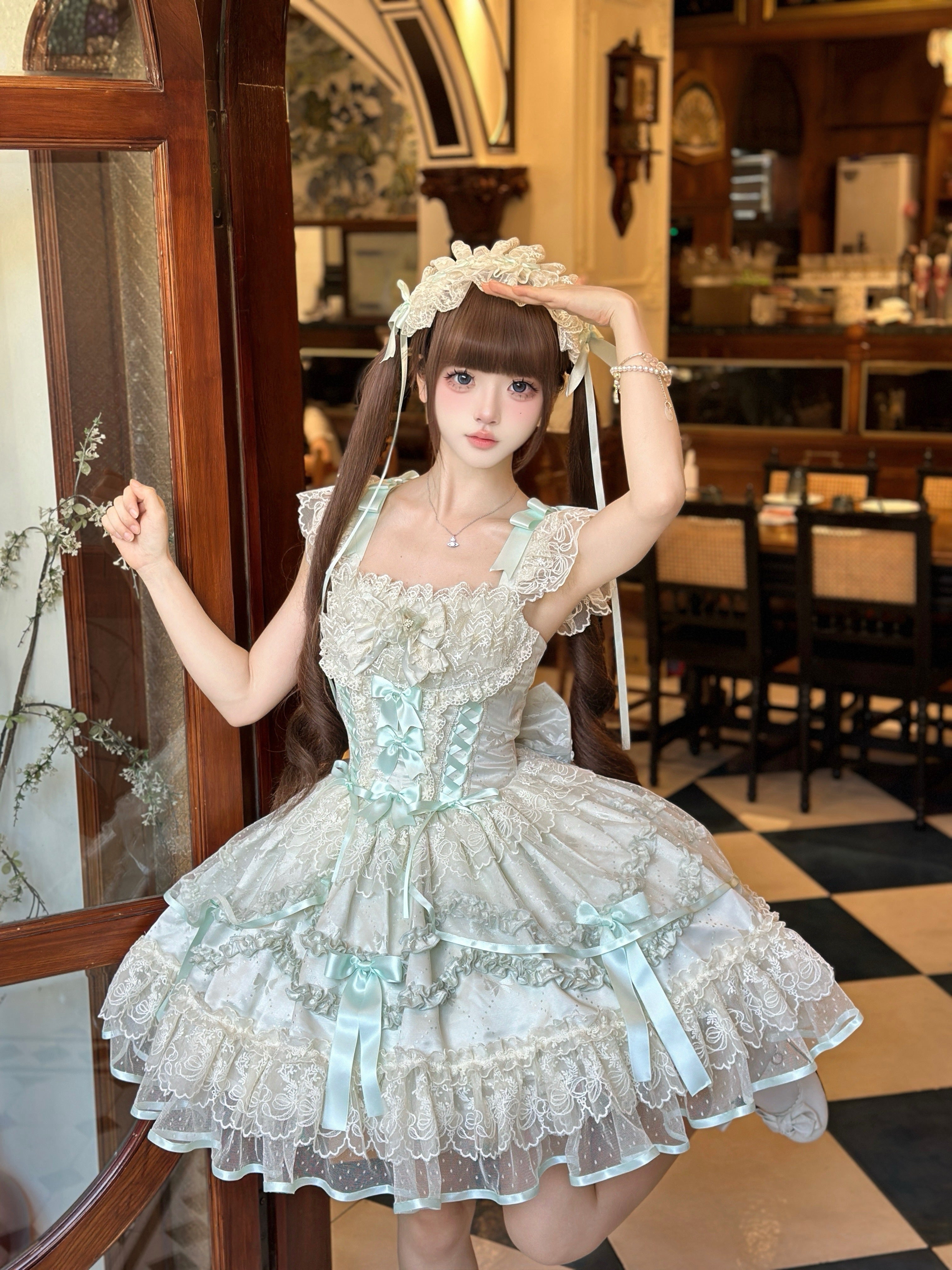 Hime Lolita Cake Dress Grass Green Lace Layer Bow Accented Lolita Dress 