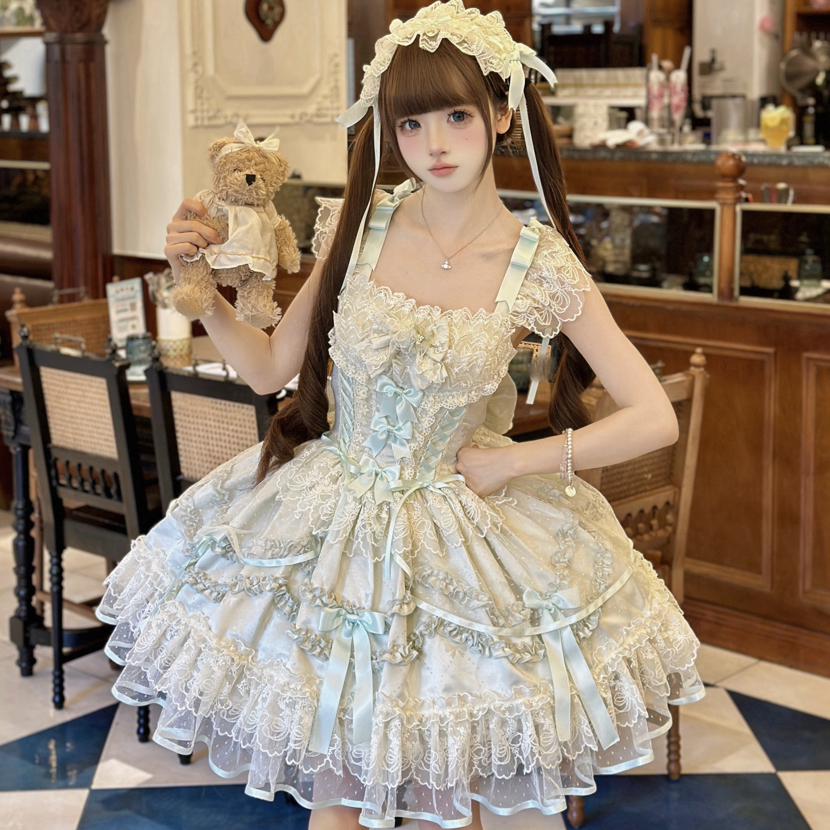 Hime Lolita Cake Dress Grass Green Lace Layer Bow Accented Lolita Dress 