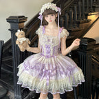 Hime Lolita Cake Dress Lavender Purple Lace Layer Bow Accented Lolita Dress 