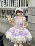 Hime Lolita Cake Dress Lavender Purple Lace Layer Bow Accented Lolita Dress 