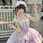 Hime Lolita Cake Dress Lavender Purple Lace Layer Bow Accented Lolita Dress 