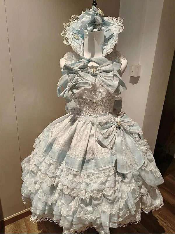 Hime Lolita Christmas Blue Gorgeous Flower Birthday Party One Piece Dress