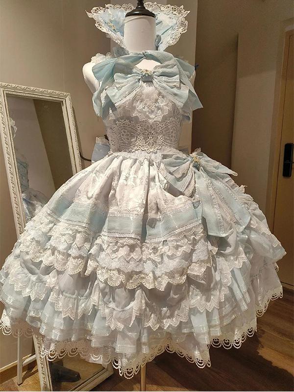 Hime Lolita Christmas Blue Gorgeous Flower Birthday Party One Piece Dress