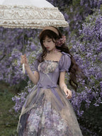 Hime Lolita Gentle Purple Flower Puff Short Sleeve Lace Printed Long Sweet Elegant Dress Lolita