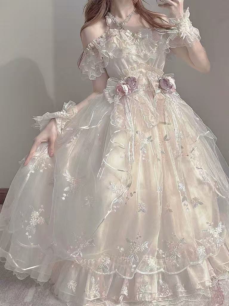 Hime Lolita Ivory Short Sleeve Layered Bridal Ribbon Princess Elegant Lovely Strapless Lolita Dress Set