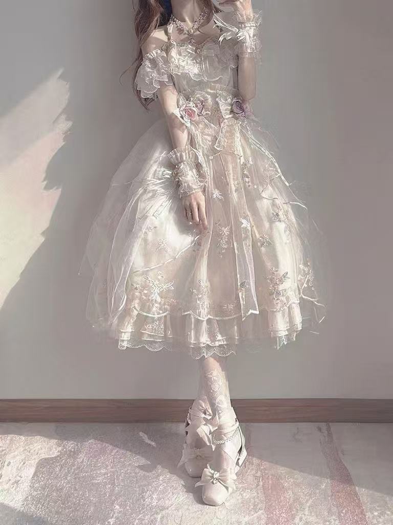 Hime Lolita Ivory Short Sleeve Layered Bridal Ribbon Princess Elegant Lovely Strapless Lolita Dress Set