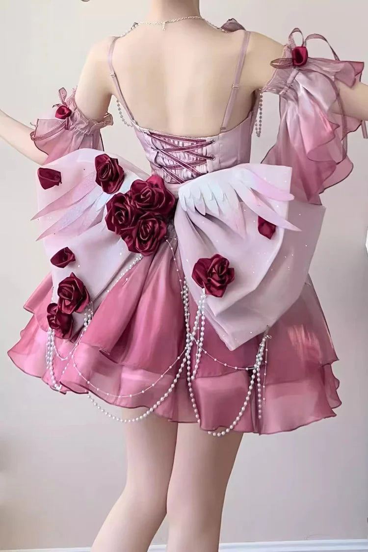 [Pre] Hime Lolita Rose Red Satin Ribbon Lace-Up Elegant Ball Gala OP Dress Short Version
