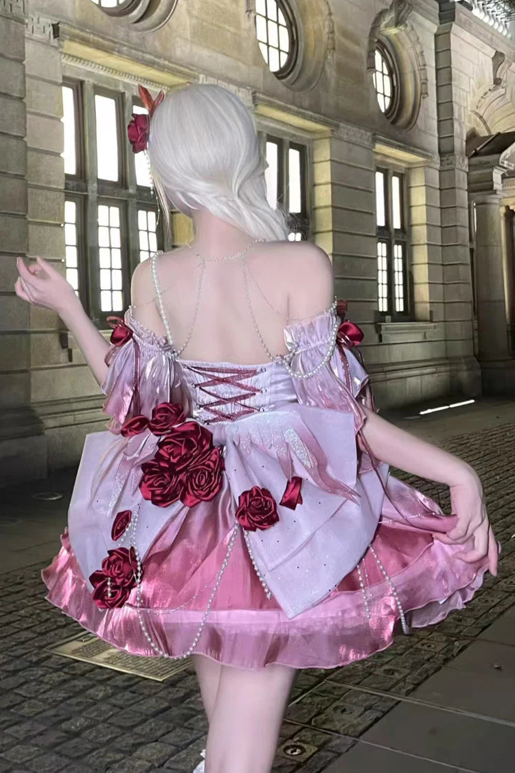 [Pre] Hime Lolita Rose Red Satin Ribbon Lace-Up Elegant Ball Gala OP Dress Short Version