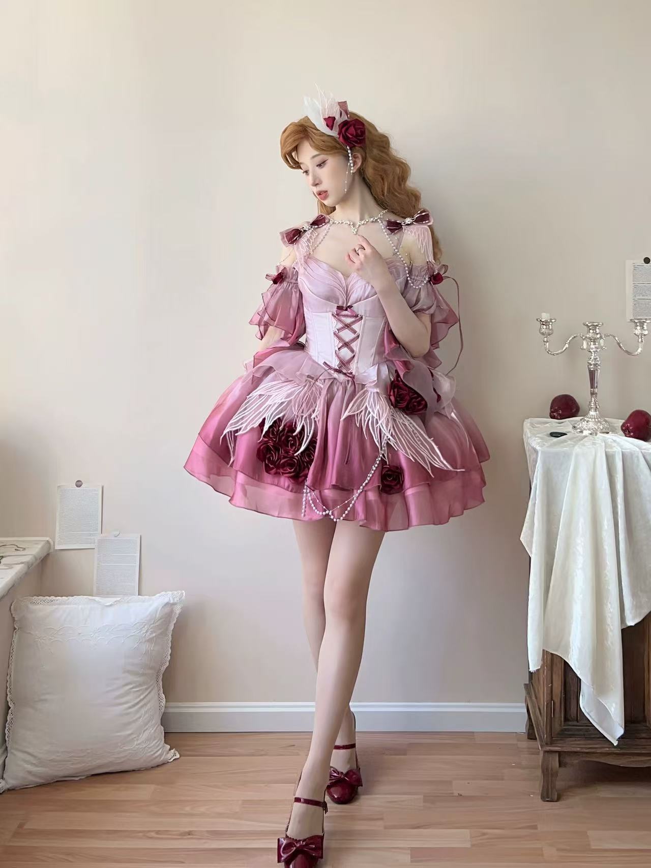 [Pre] Hime Lolita Rose Red Satin Ribbon Lace-Up Elegant Ball Gala OP Dress Short Version