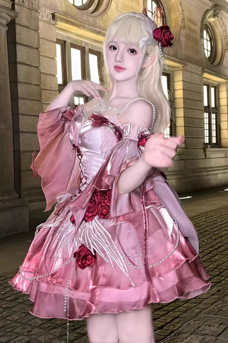 [Pre] Hime Lolita Rose Red Satin Ribbon Lace-Up Elegant Ball Gala OP Dress Short Version