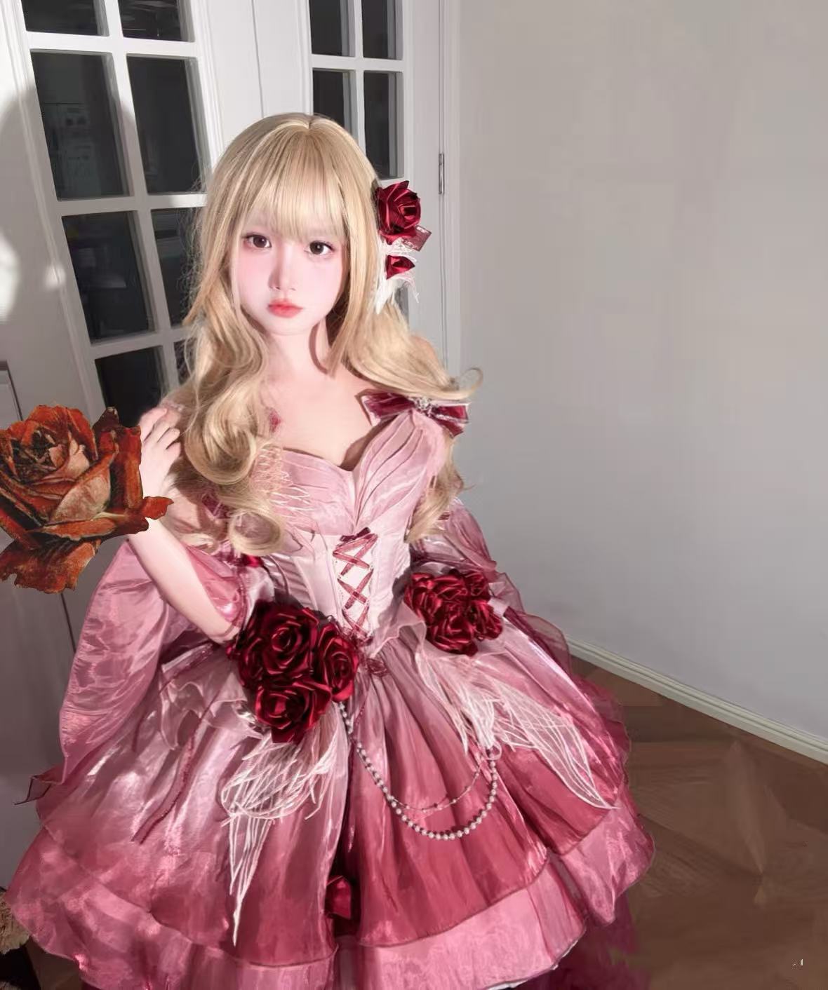 [Pre] Hime Lolita Rose Red Satin Ribbon Lace-Up Elegant Ball Gala OP Dress Short Version