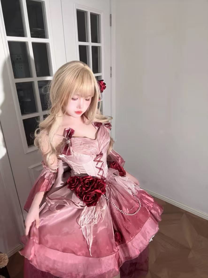 [Pre] Hime Lolita Rose Red Satin Ribbon Lace-Up Elegant Ball Gala OP Dress Short Version