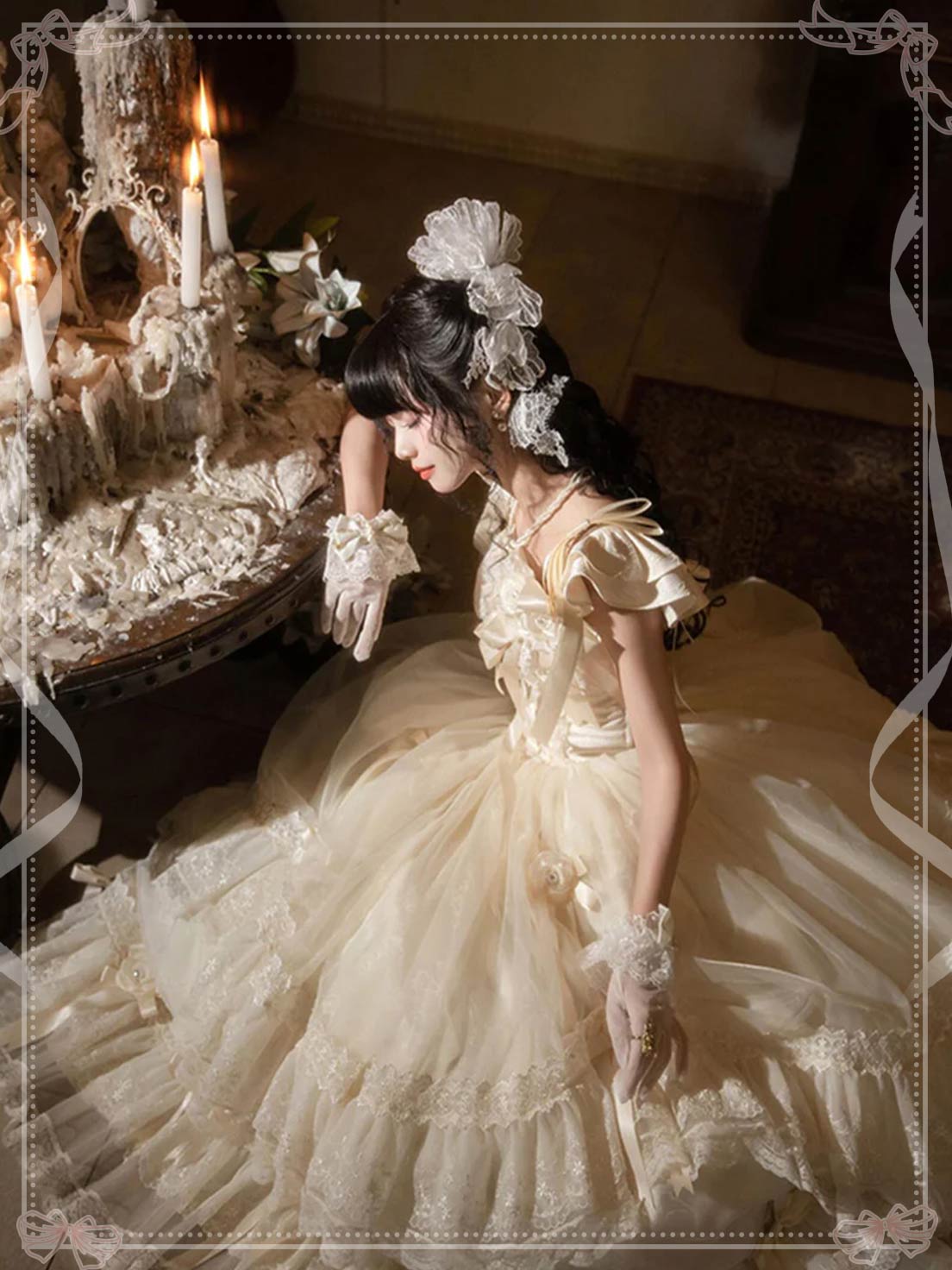 Hime Lolita Tea Party Fashion Camellia Moonlight Ivory White Wedding Ruffled Ball Gown