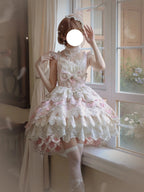 Hime Lolita Tea Party Fashion Pink Ethereal Pink Lace Dress with Sheer Panels Feather Embellishments