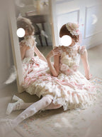 Hime Lolita Tea Party Fashion Pink Ethereal Pink Lace Dress with Sheer Panels Feather Embellishments