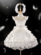 Hime Lolita Tea Party Fashion White Ethereal White Lace Dress with Sheer Panels Feather Embellishments