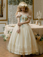 Hime Lolita Tea Party Fashion Off Apricot Shoulder Floral Ball Gown