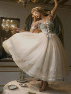 Hime Lolita Tea Party Fashion Off Apricot Shoulder Floral Ball Gown