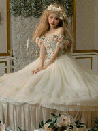 Hime Lolita Tea Party Fashion Off Apricot Shoulder Floral Ball Gown