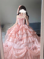 Hime Lolita Tea Party Fashion Pink Organza Ball Gown Lolita Dress with Rose Dress